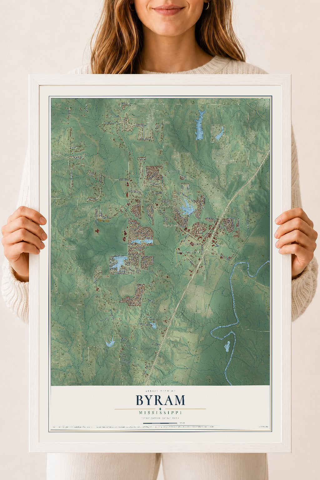 Map of Byram, Mississippi, 18 x 24 inch print in a white wood frame