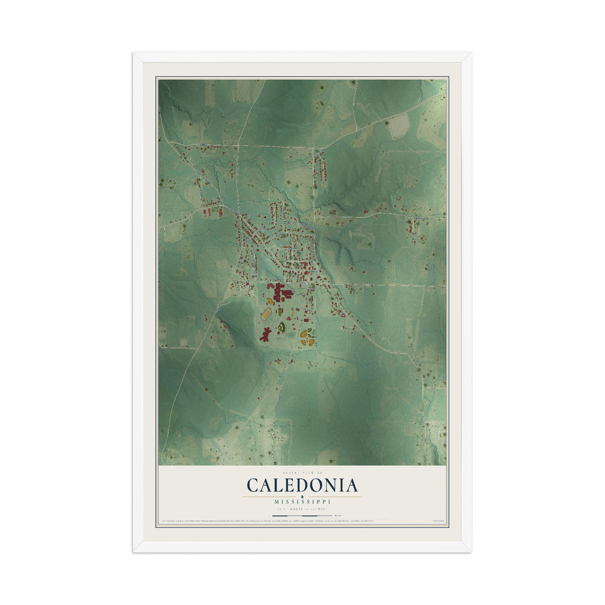 Map of Caledonia, Mississippi, 12 x 18 inch print in a white wood frame