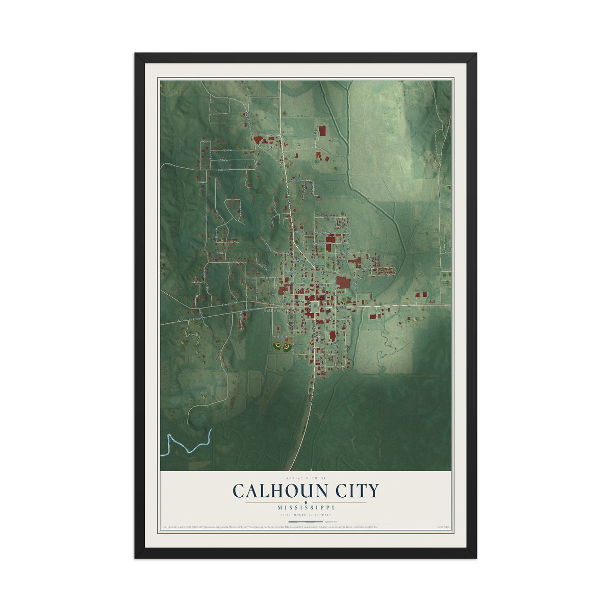 Map of Calhoun City, Mississippi, 12 x 18 inch print in a black wood frame