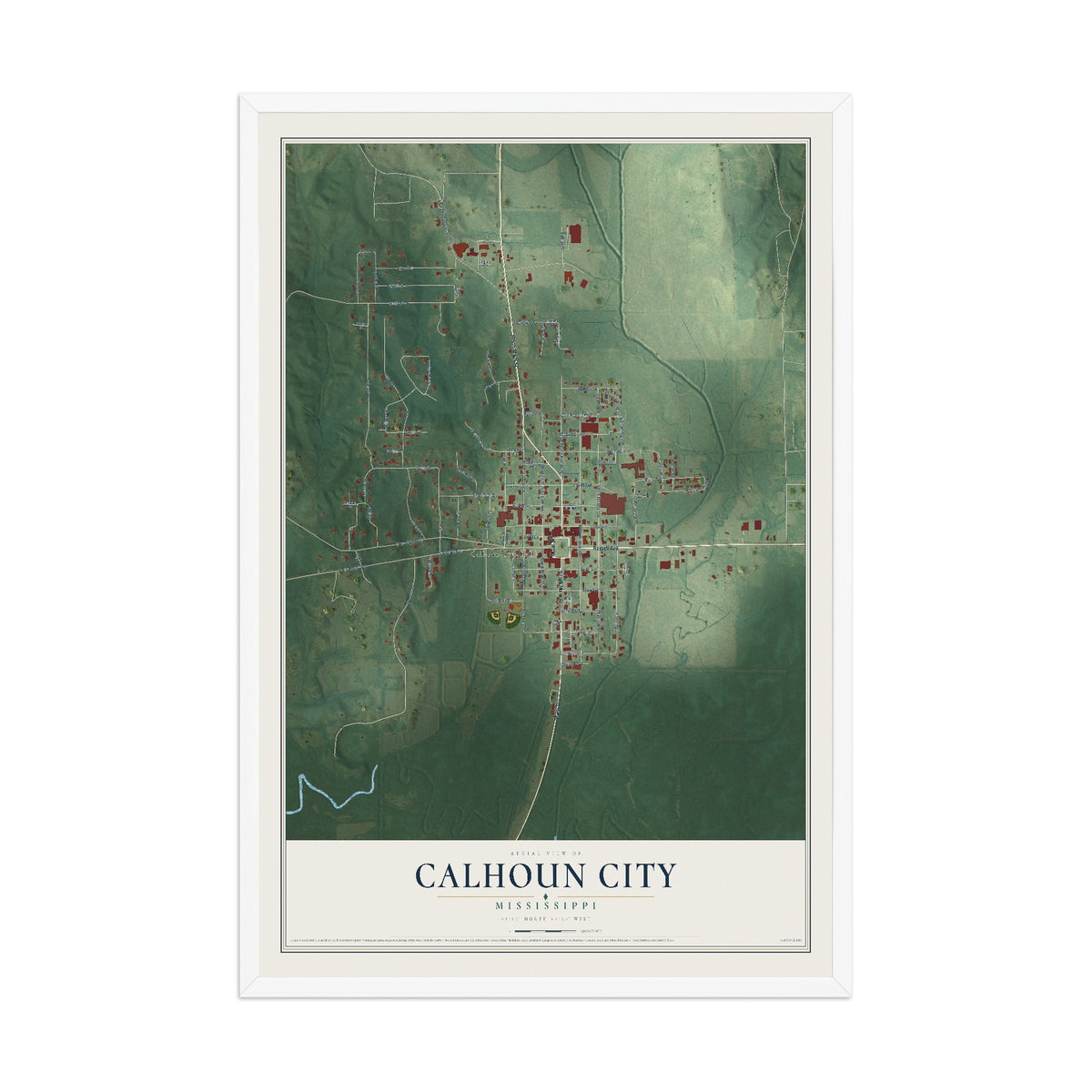 Map of Calhoun City, Mississippi, 12 x 18 inch print in a white wood frame