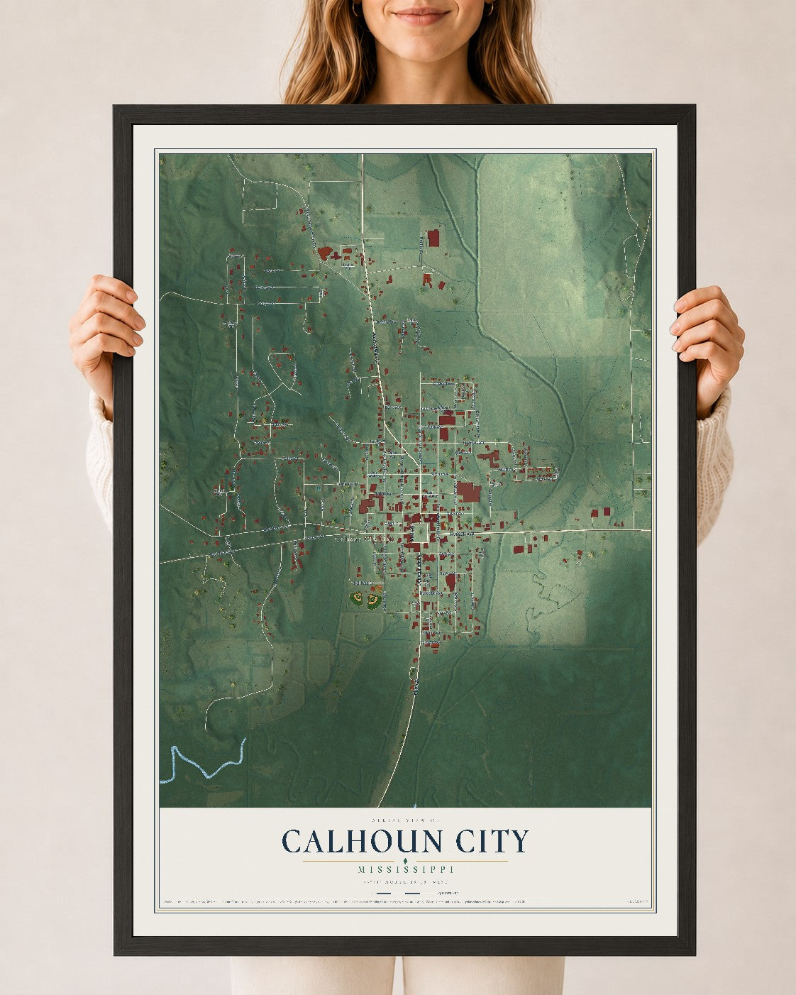 Map of Calhoun City, Mississippi, 24 x 36 inch print in a black wood frame