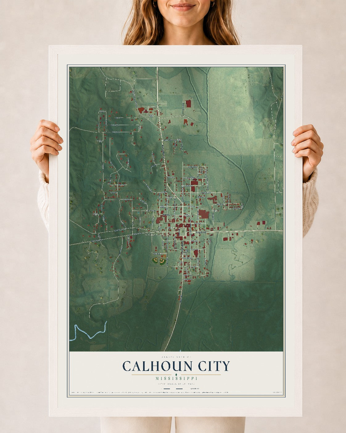 Map of Calhoun City, Mississippi, 24 x 36 inch print in a white wood frame