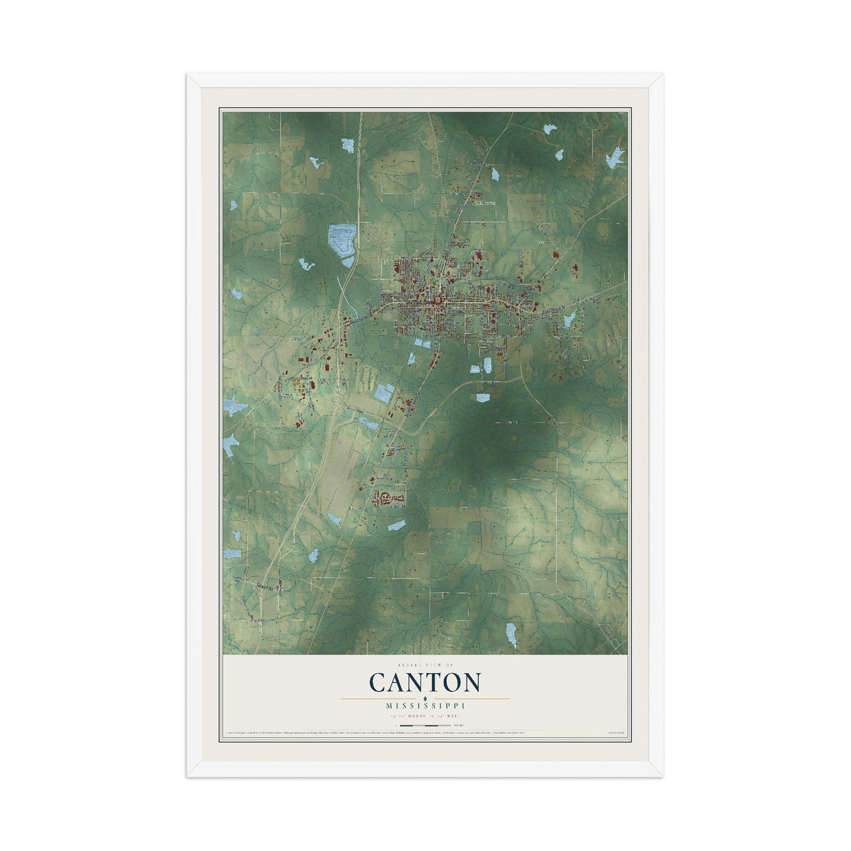 Map of Canton, Mississippi, 12 x 18 inch print in a white wood frame