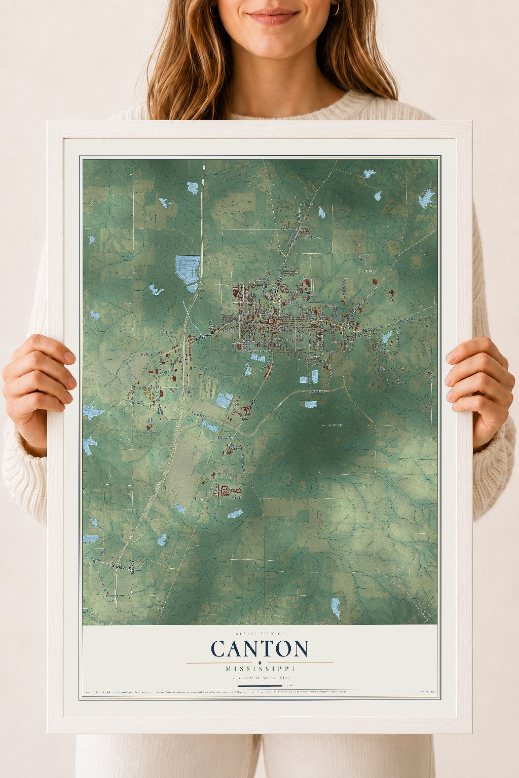 Map of Canton, Mississippi, 18 x 24 inch print in a white wood frame