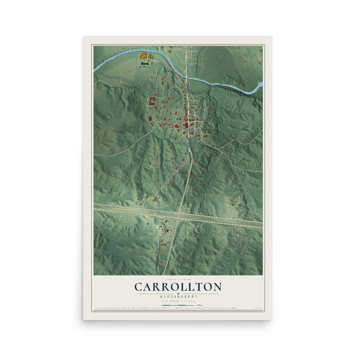 Map of Carrollton, Mississippi, 12 x 18 inch unframed archival matte print