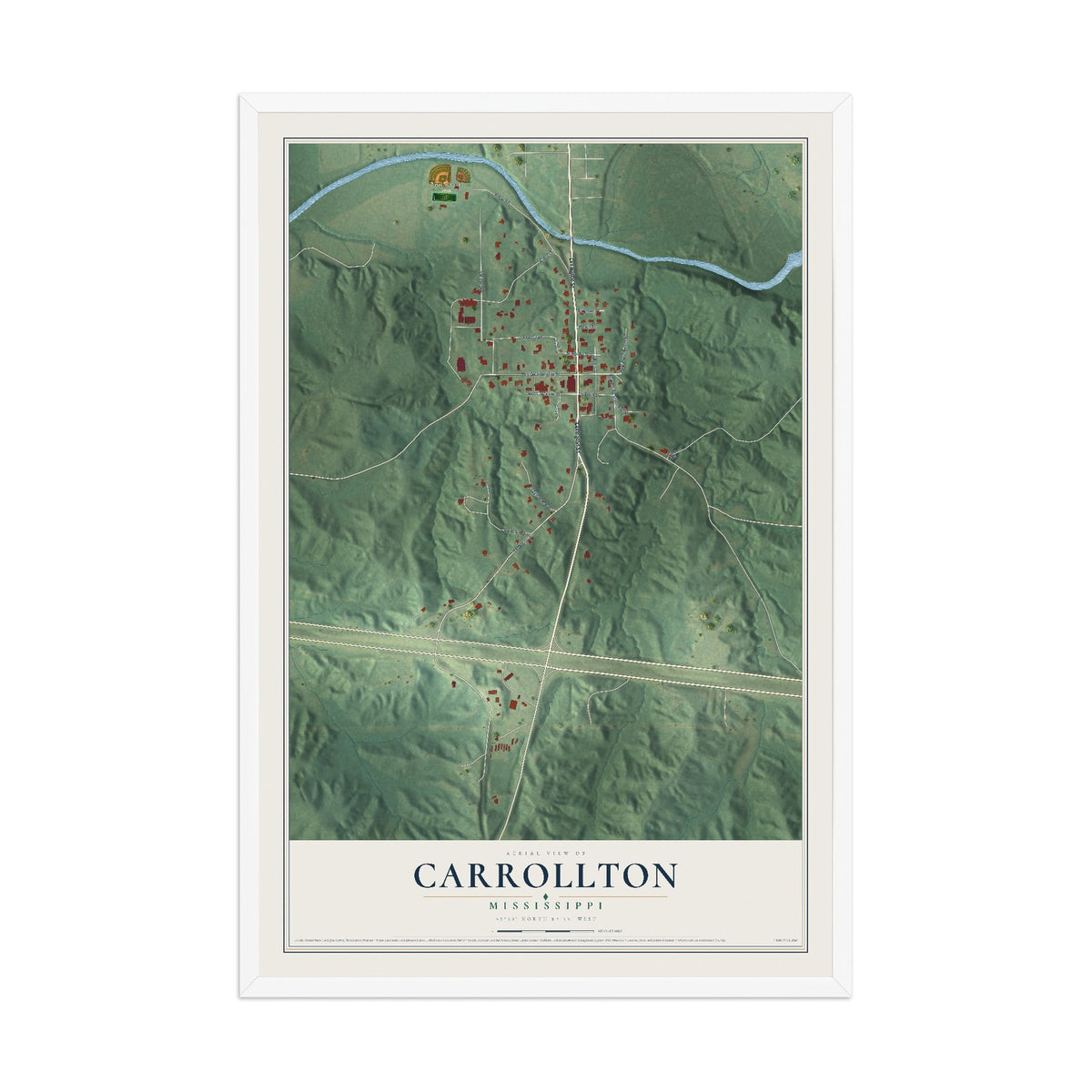 Map of Carrollton, Mississippi, 12 x 18 inch print in a white wood frame