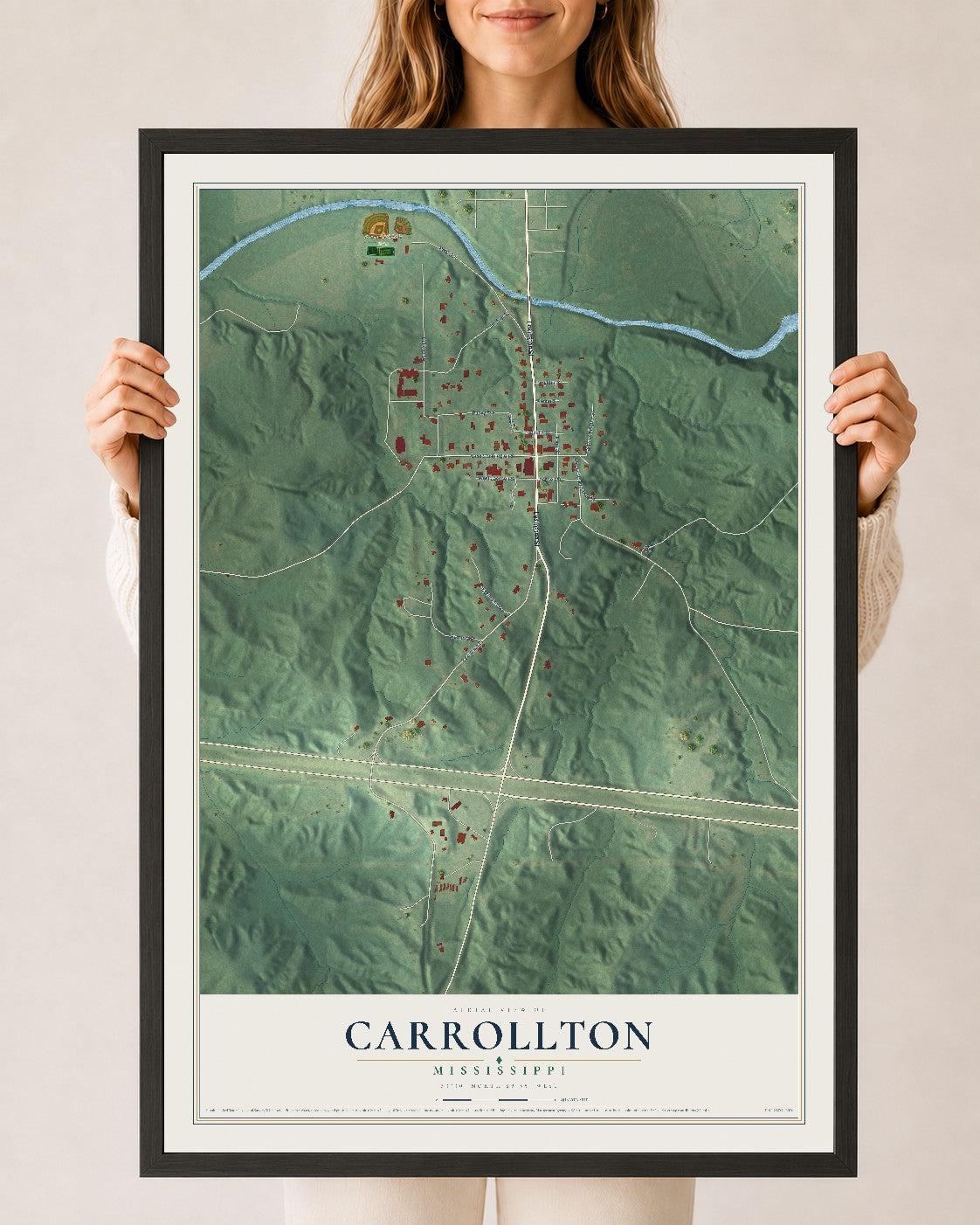 Map of Carrollton, Mississippi, 24 x 36 inch print in a black wood frame