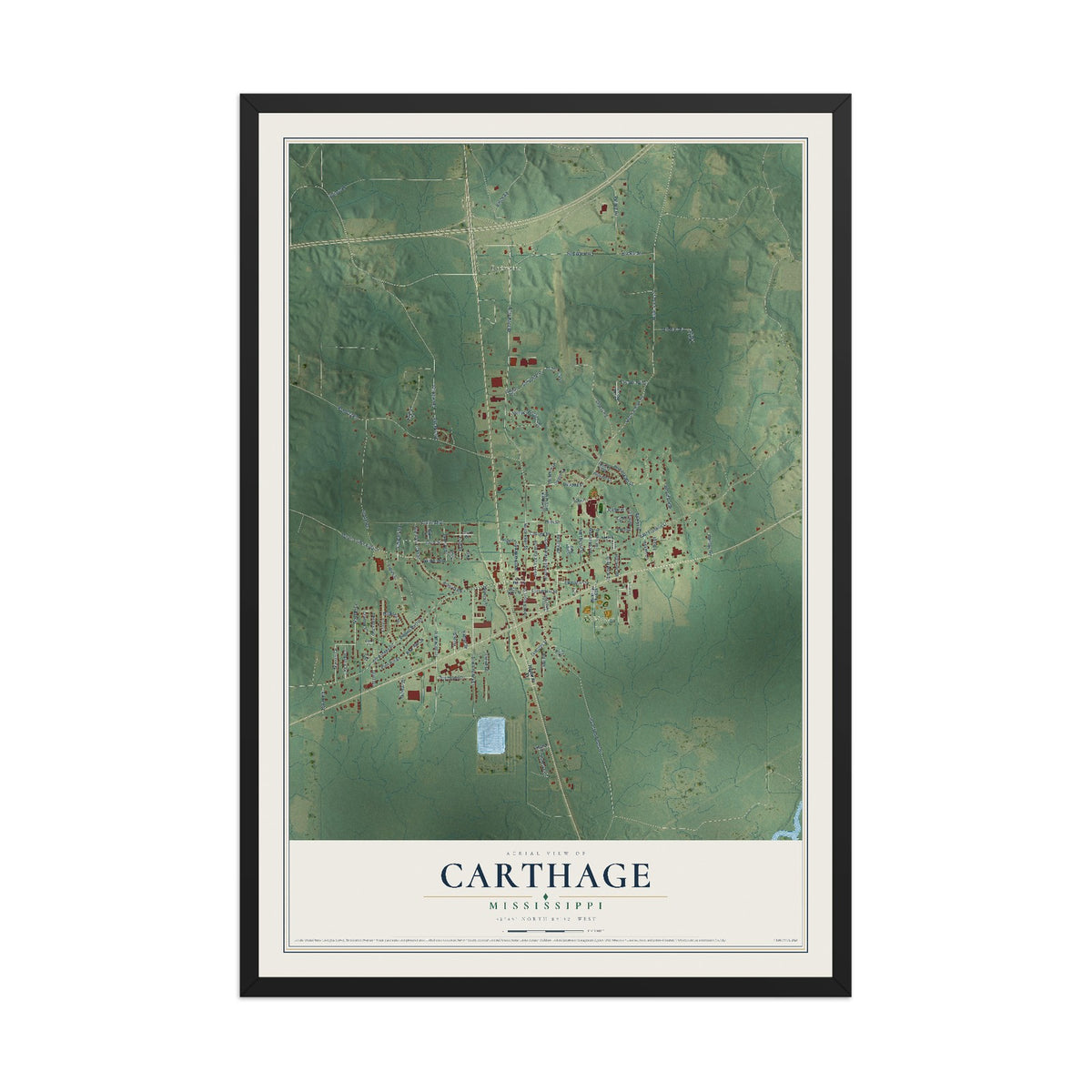Map of Carthage, Mississippi, 12 x 18 inch print in a black wood frame