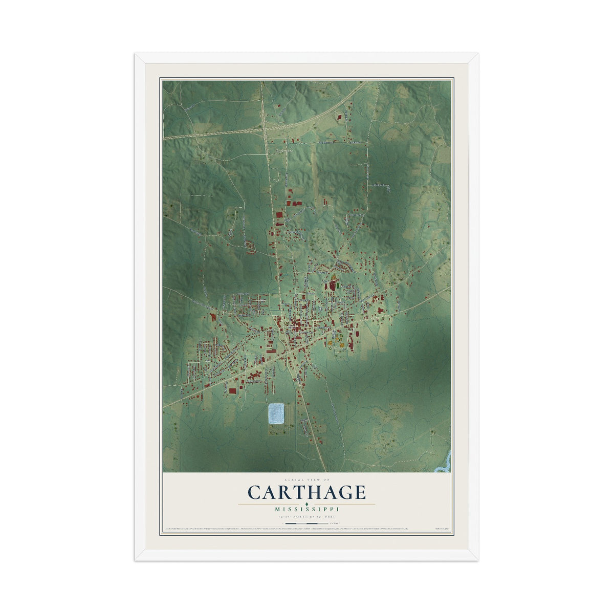 Map of Carthage, Mississippi, 12 x 18 inch print in a white wood frame