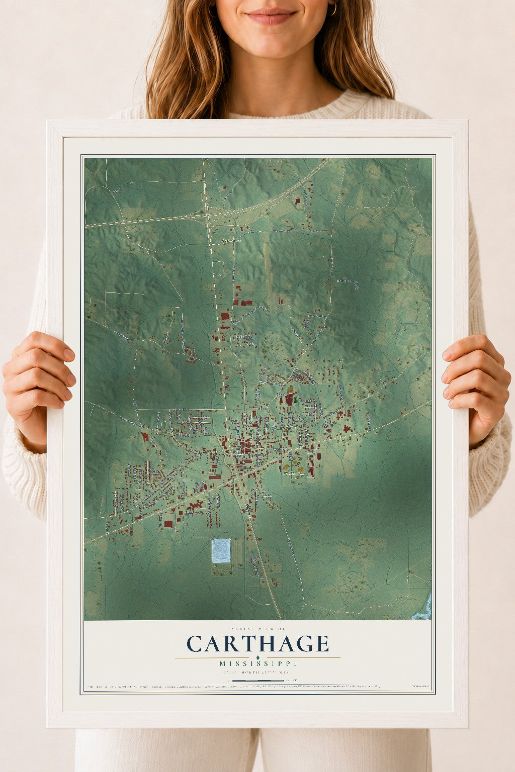 Map of Carthage, Mississippi, 18 x 24 inch print in a white wood frame
