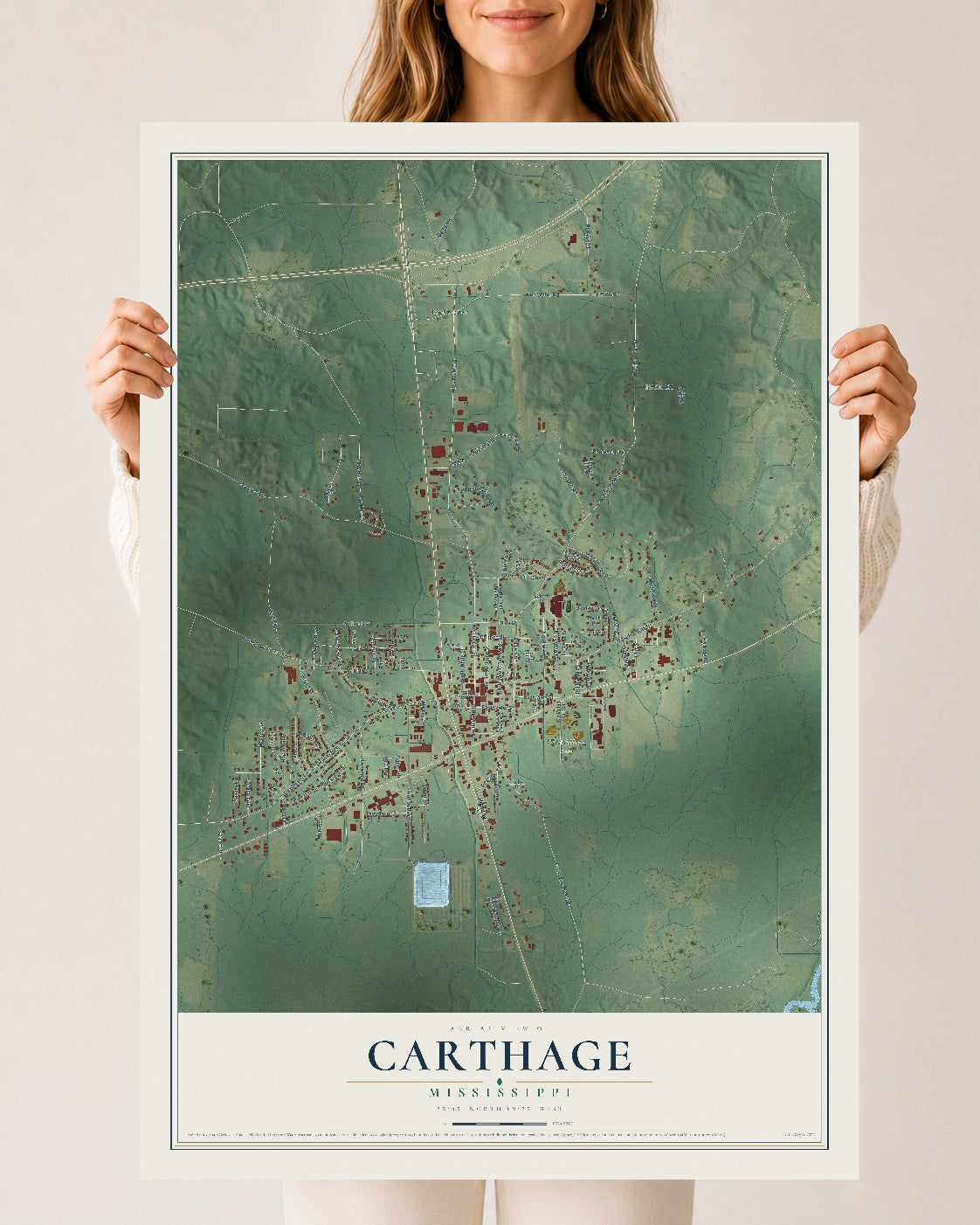 Map of Carthage, Mississippi, 24 x 36 inch unframed archival matte print