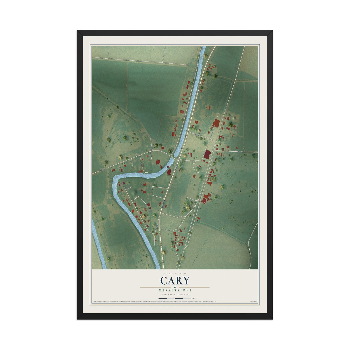 Map of Cary, Mississippi, 12 x 18 inch print in a black wood frame