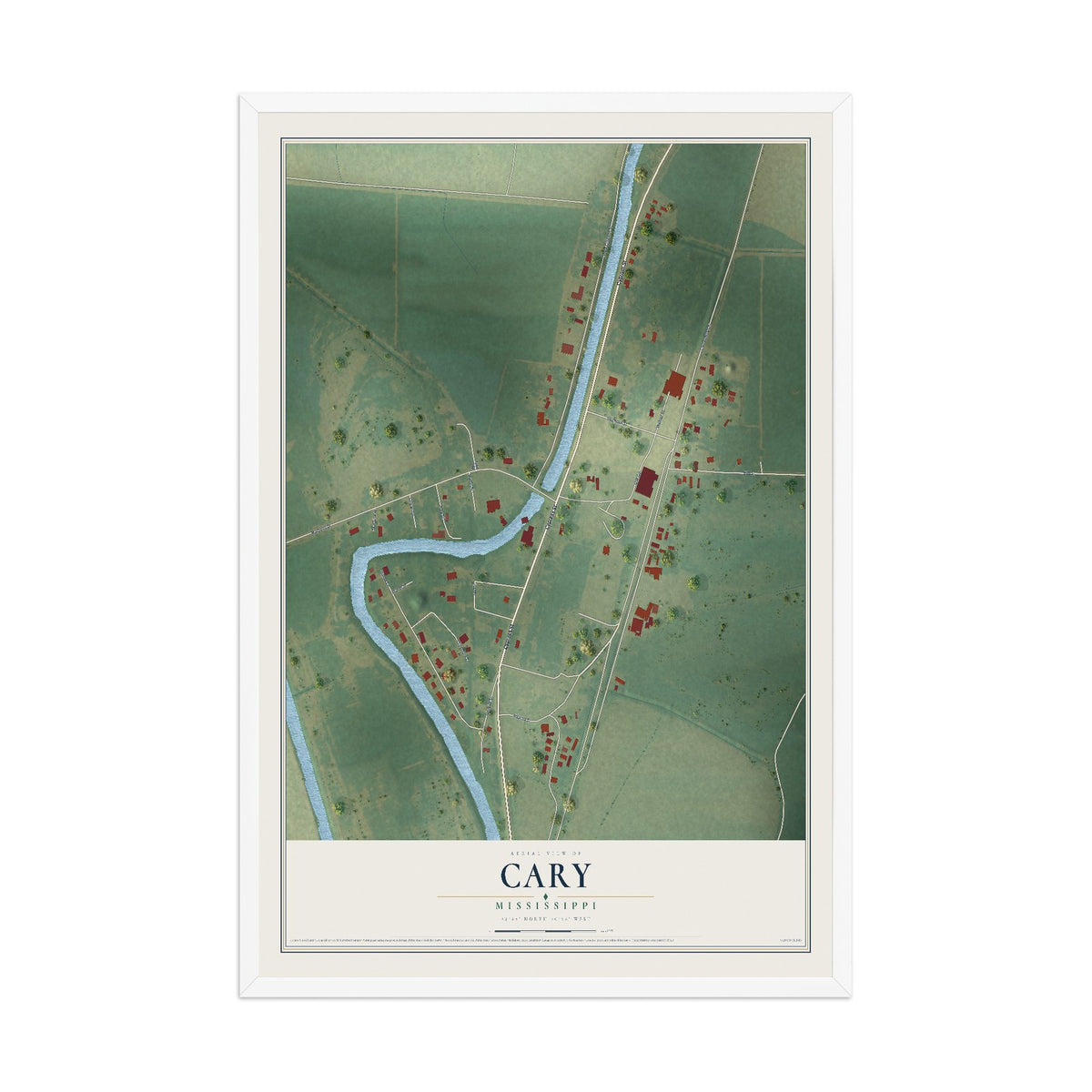 Map of Cary, Mississippi, 12 x 18 inch print in a white wood frame
