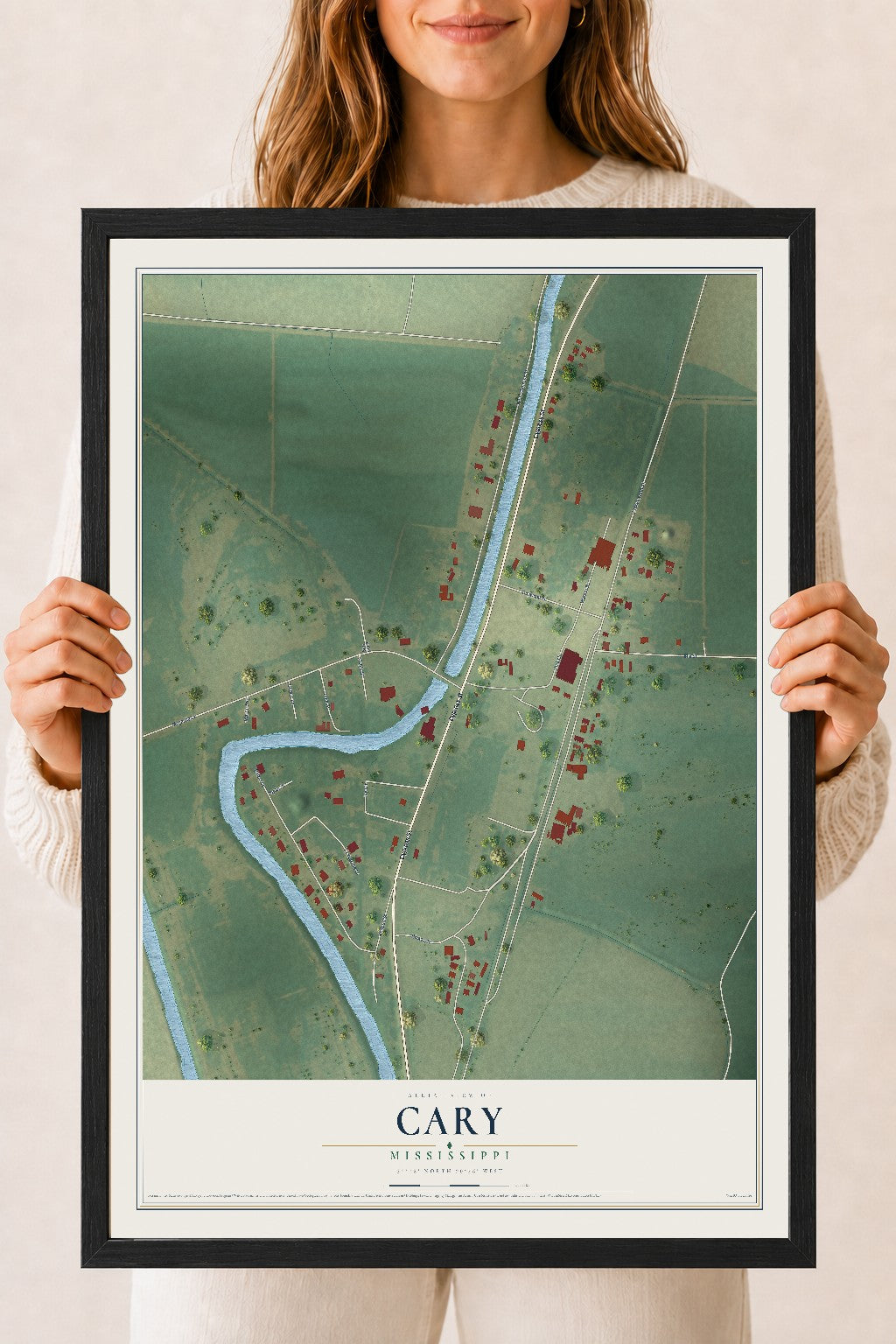 Map of Cary, Mississippi, 18 x 24 inch print in a black wood frame