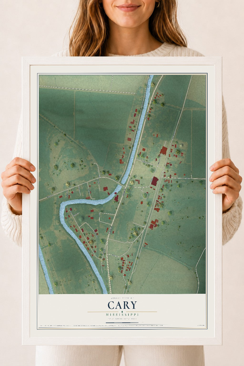 Map of Cary, Mississippi, 18 x 24 inch print in a white wood frame
