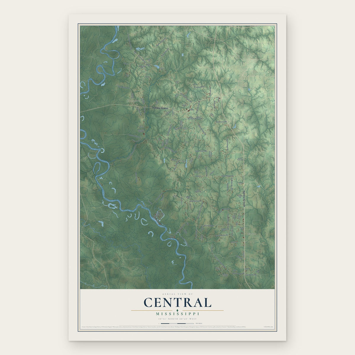 Central, Mississippi map print, the full design