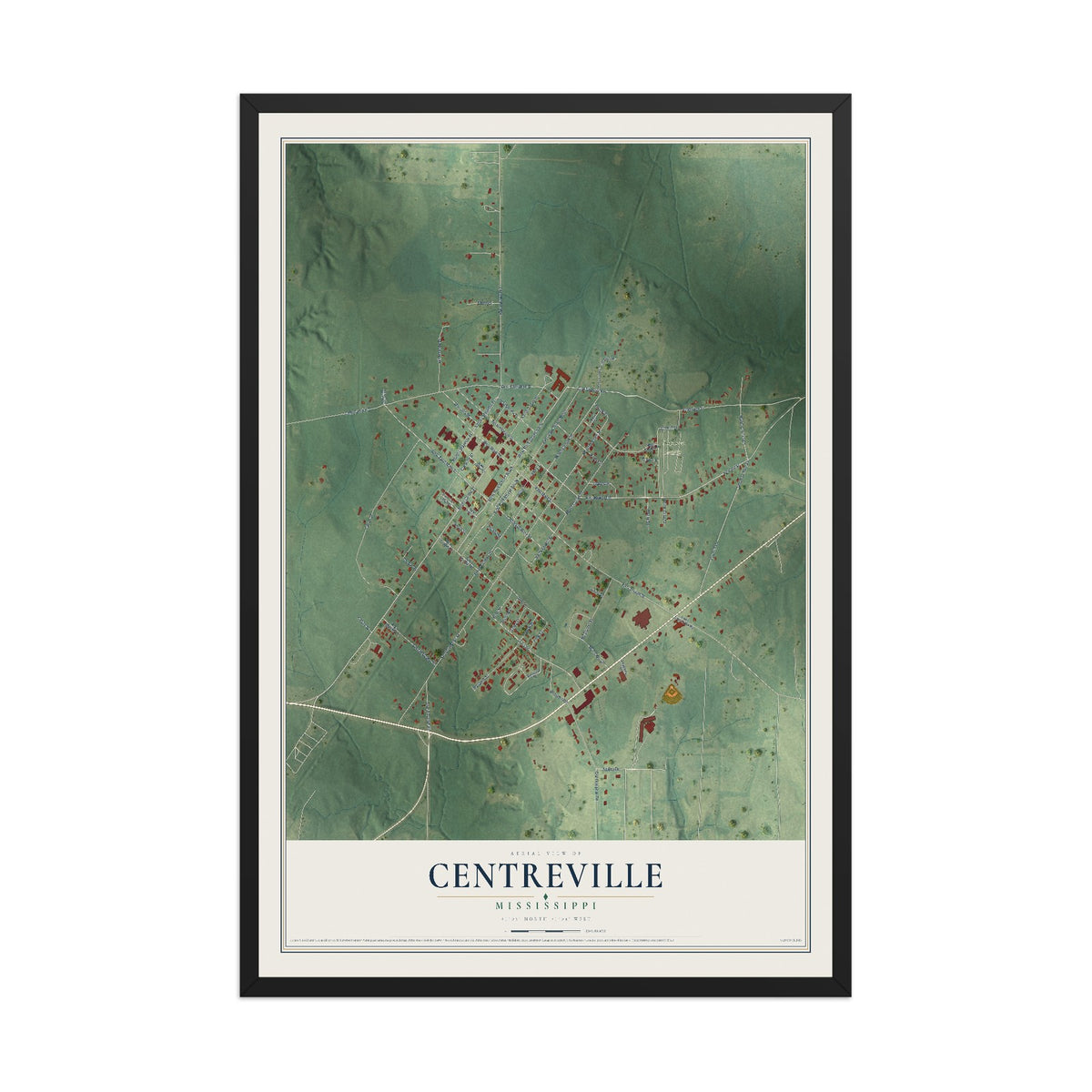 Map of Centreville, Mississippi, 12 x 18 inch print in a black wood frame