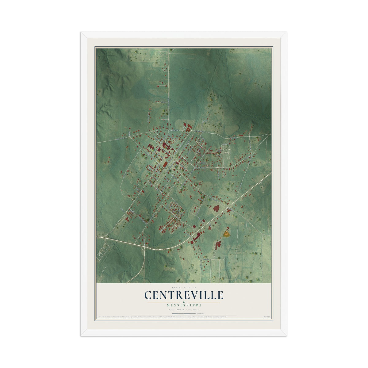 Map of Centreville, Mississippi, 12 x 18 inch print in a white wood frame