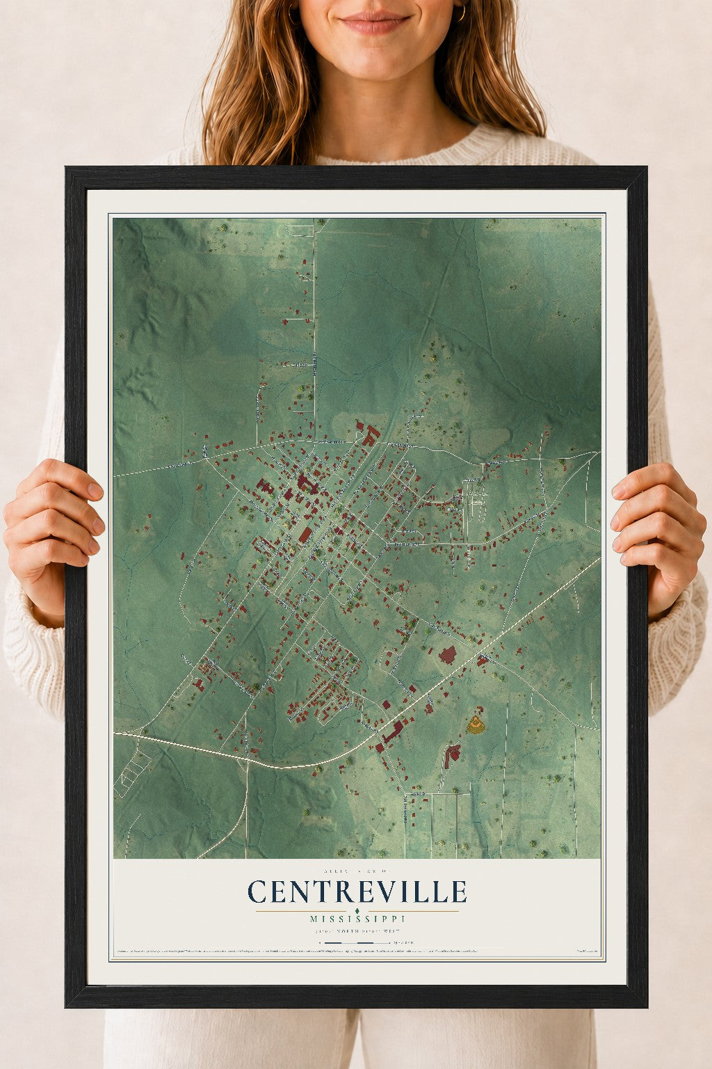 Map of Centreville, Mississippi, 18 x 24 inch print in a black wood frame