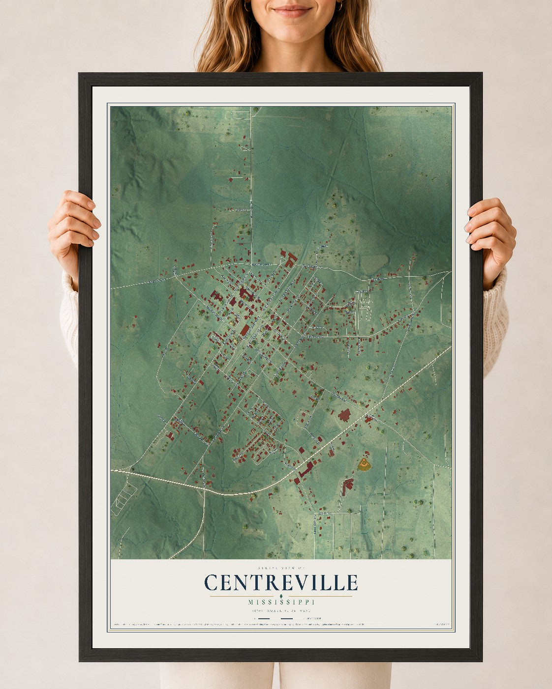Map of Centreville, Mississippi, 24 x 36 inch print in a black wood frame