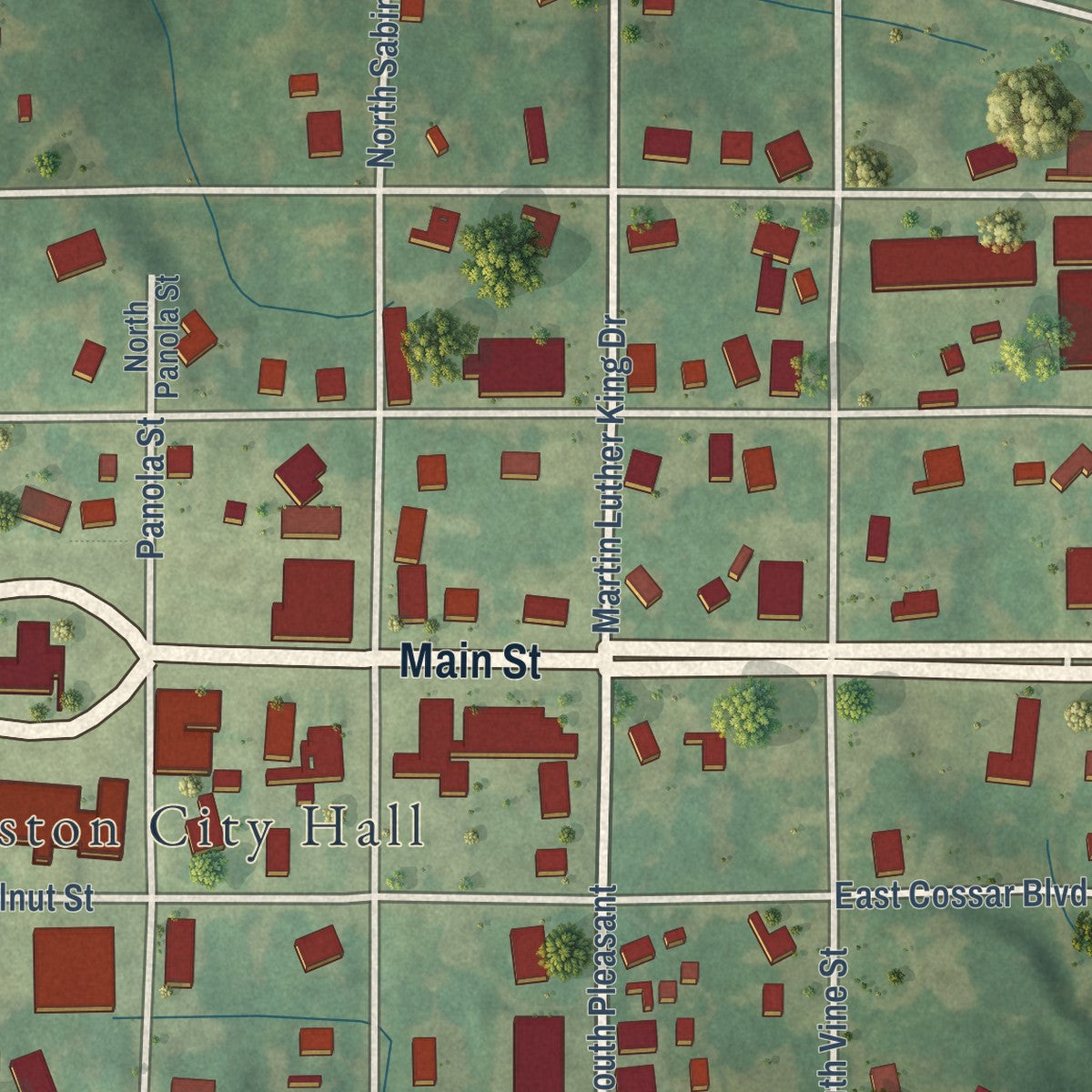 Second close-up of the map of Charleston, Mississippi print showing more streets and buildings