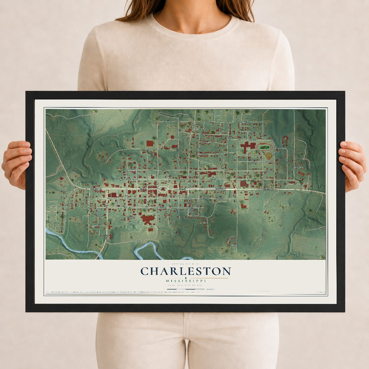 Map of Charleston, Mississippi, 12 x 18 inch print in a black wood frame