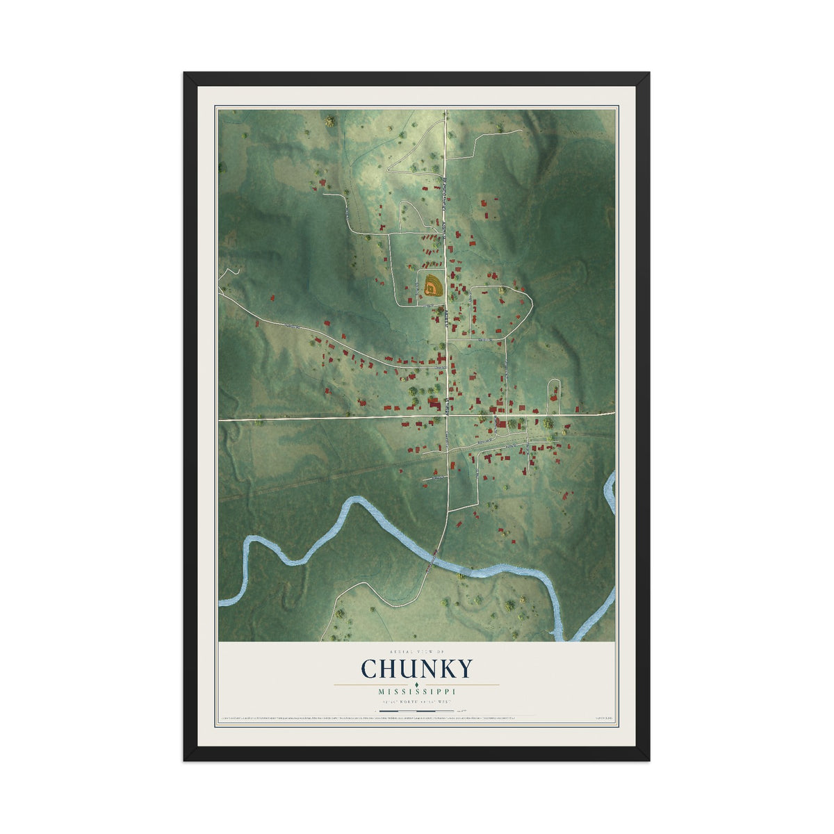 Map of Chunky, Mississippi, 12 x 18 inch print in a black wood frame