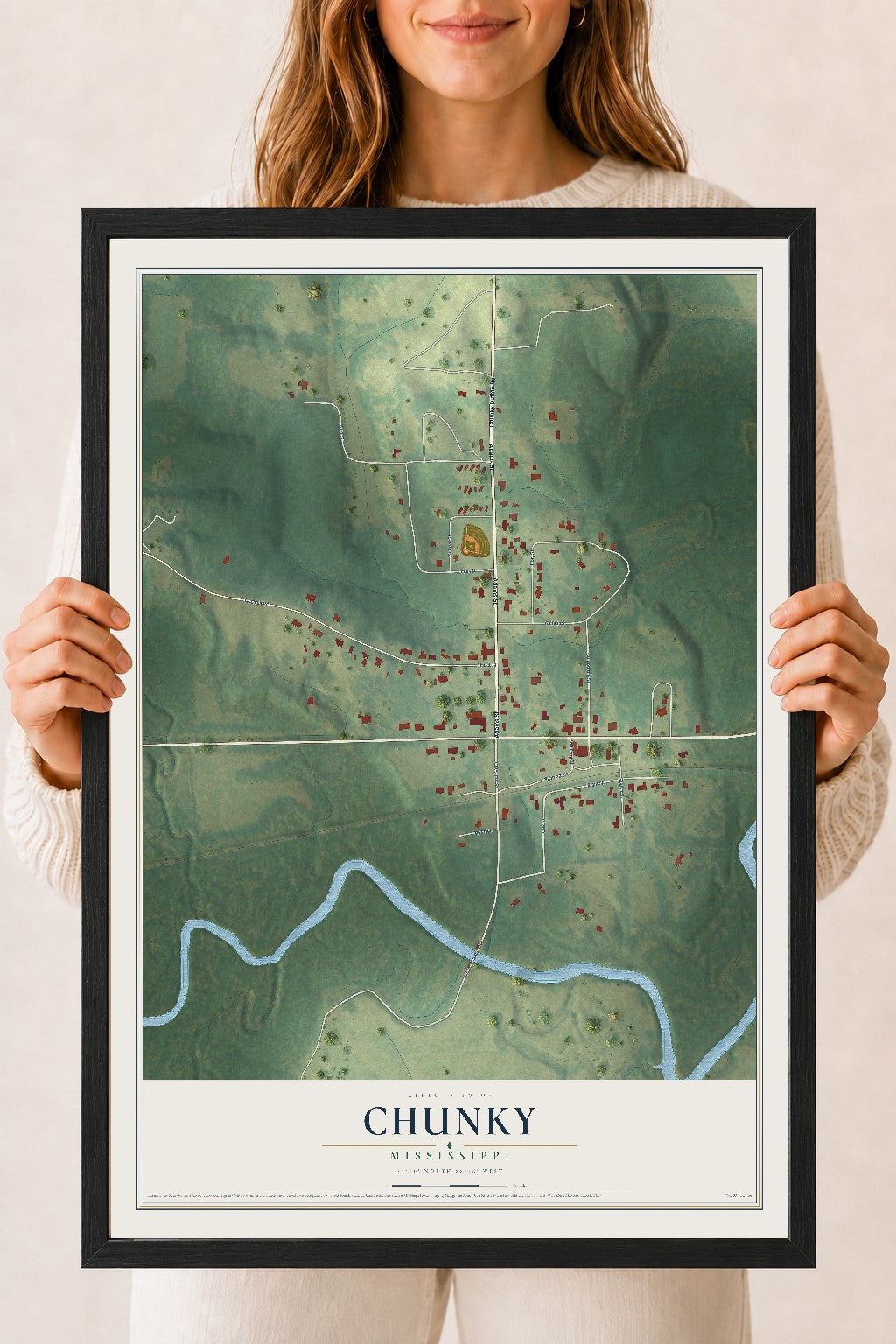 Map of Chunky, Mississippi, 18 x 24 inch print in a black wood frame
