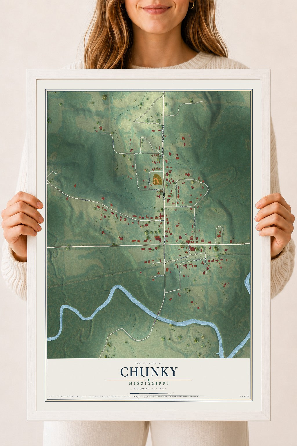 Map of Chunky, Mississippi, 18 x 24 inch print in a white wood frame