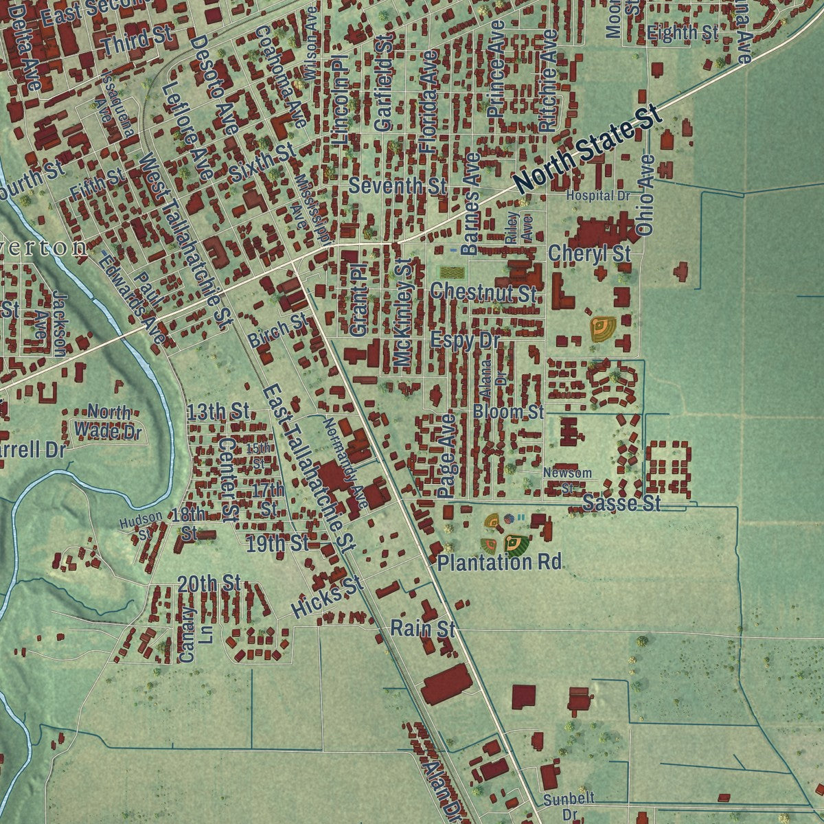 Close-up of the map of Clarksdale, Mississippi print showing street and building detail