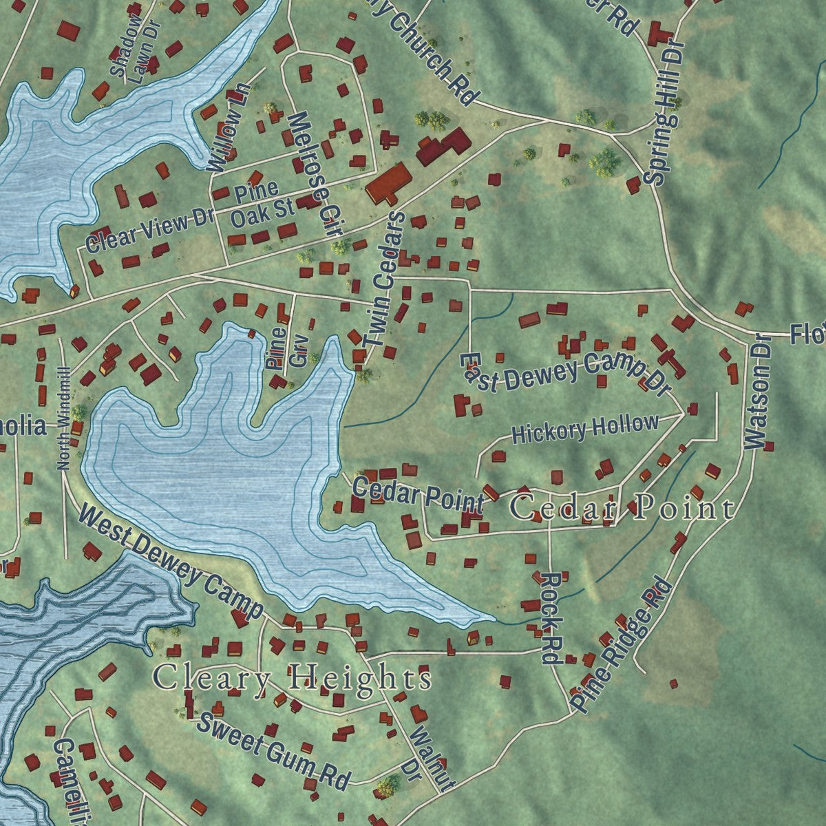 Close-up of the map of Cleary, Mississippi print showing street and building detail