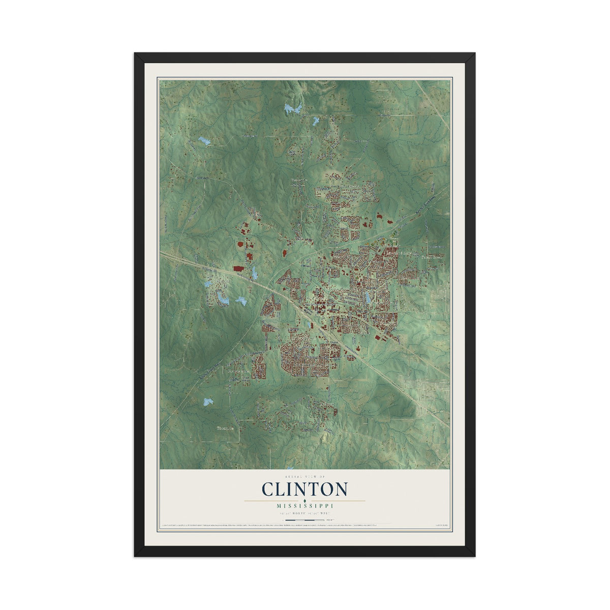 Map of Clinton, Mississippi, 12 x 18 inch print in a black wood frame