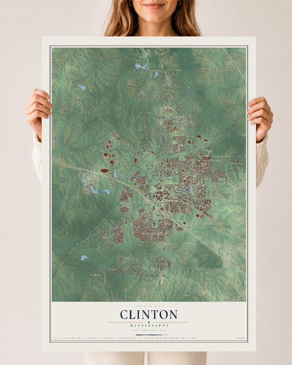 Map of Clinton, Mississippi, 24 x 36 inch unframed archival matte print