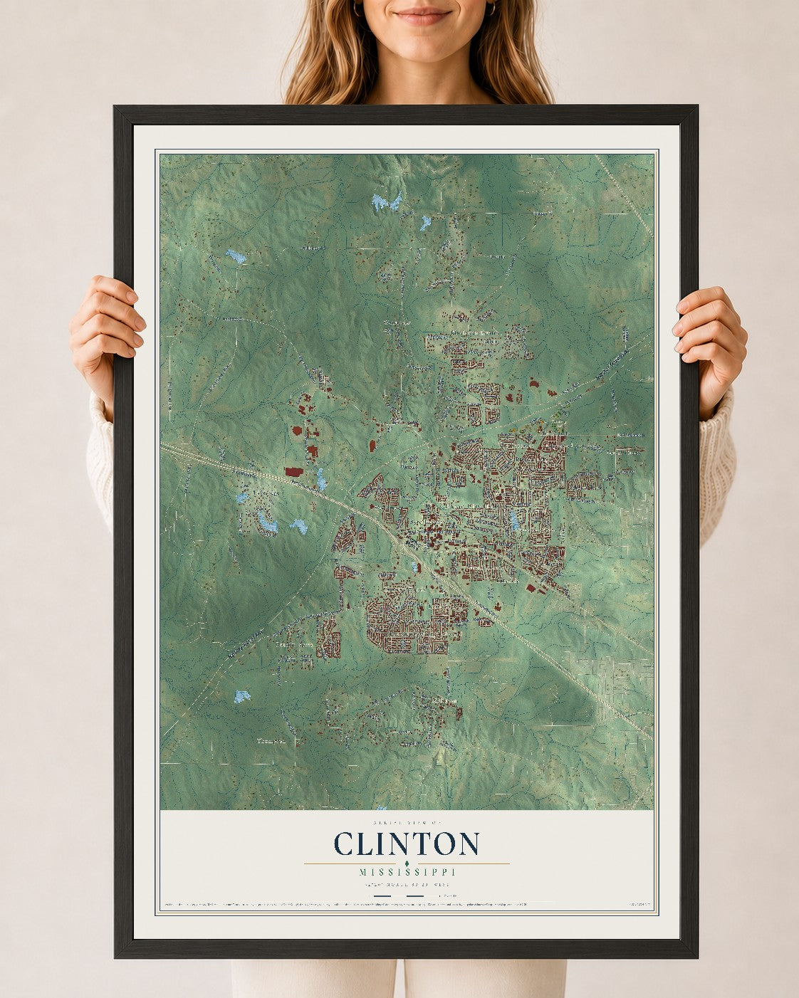 Map of Clinton, Mississippi, 24 x 36 inch print in a black wood frame