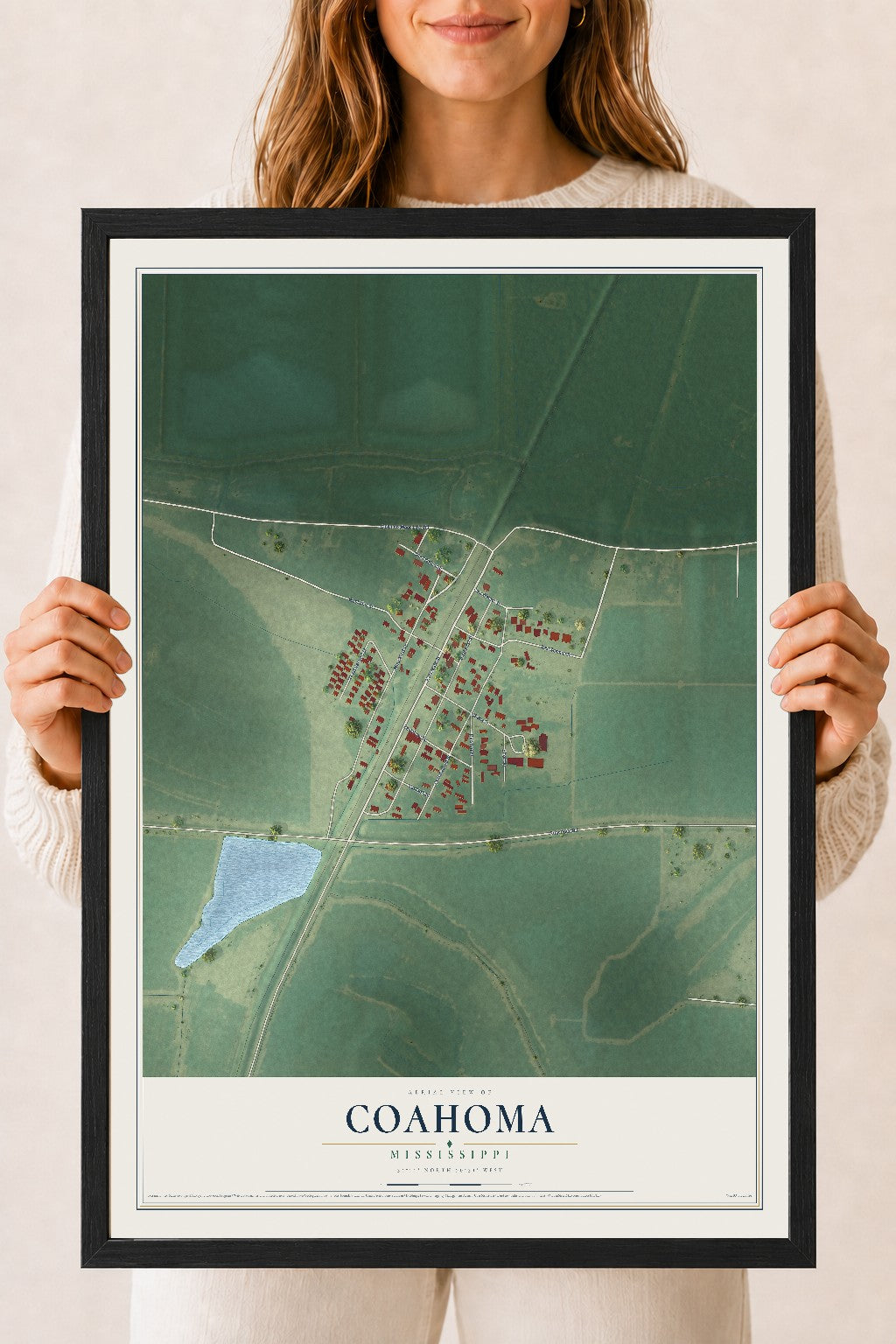 Map of Coahoma, Mississippi, 18 x 24 inch print in a black wood frame
