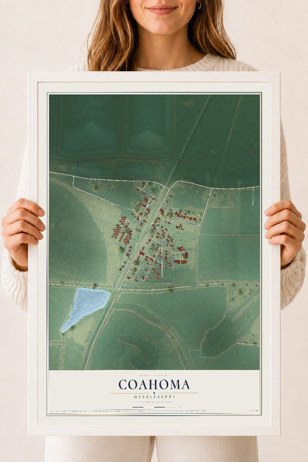 Map of Coahoma, Mississippi, 18 x 24 inch print in a white wood frame