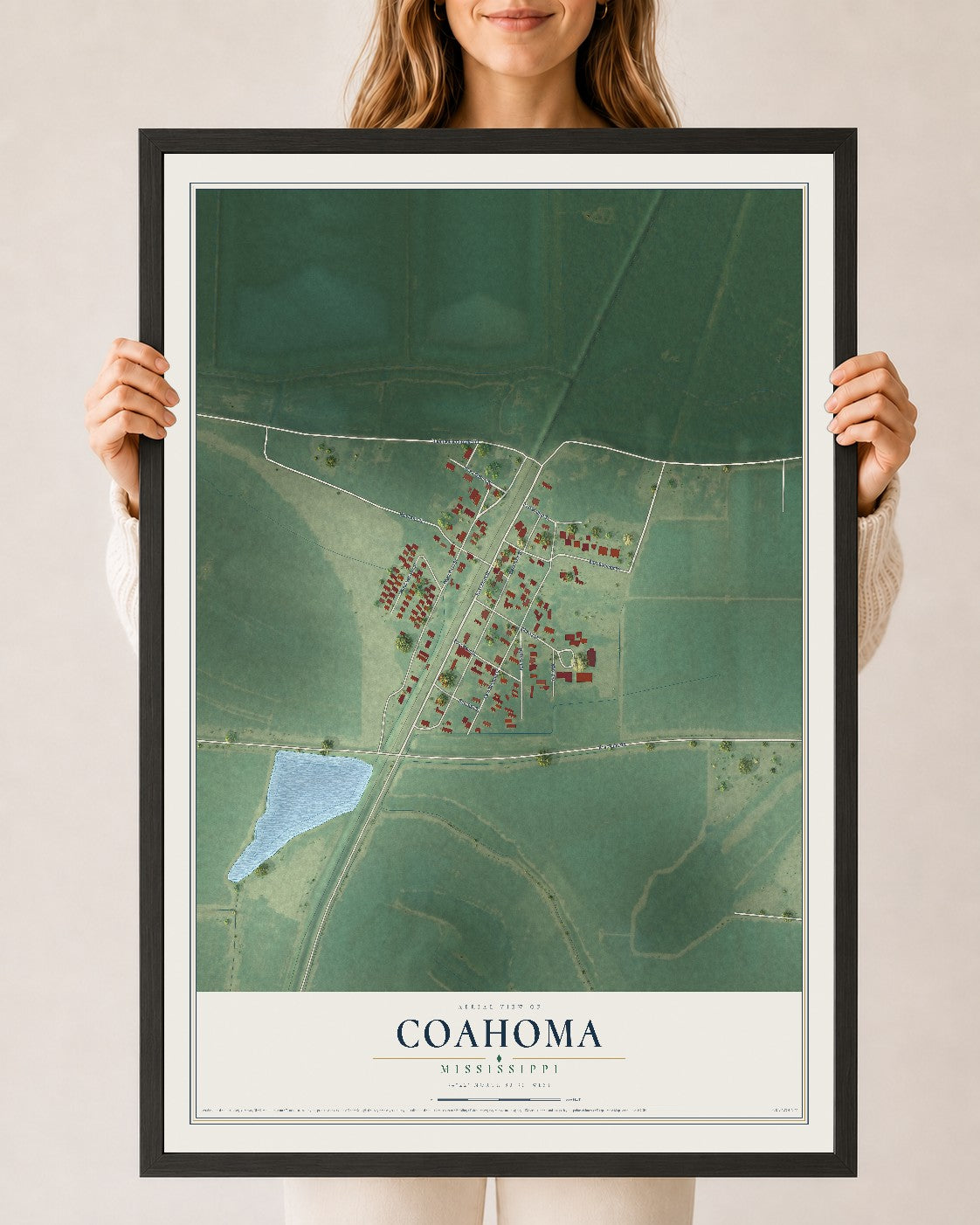 Map of Coahoma, Mississippi, 24 x 36 inch print in a black wood frame