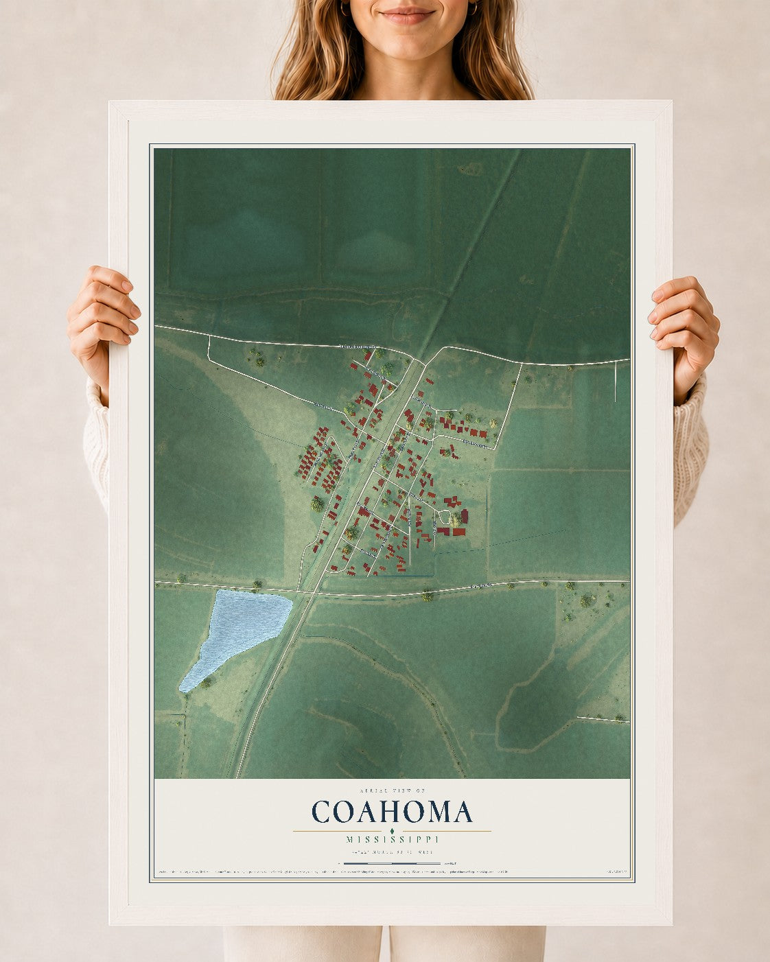 Map of Coahoma, Mississippi, 24 x 36 inch print in a white wood frame