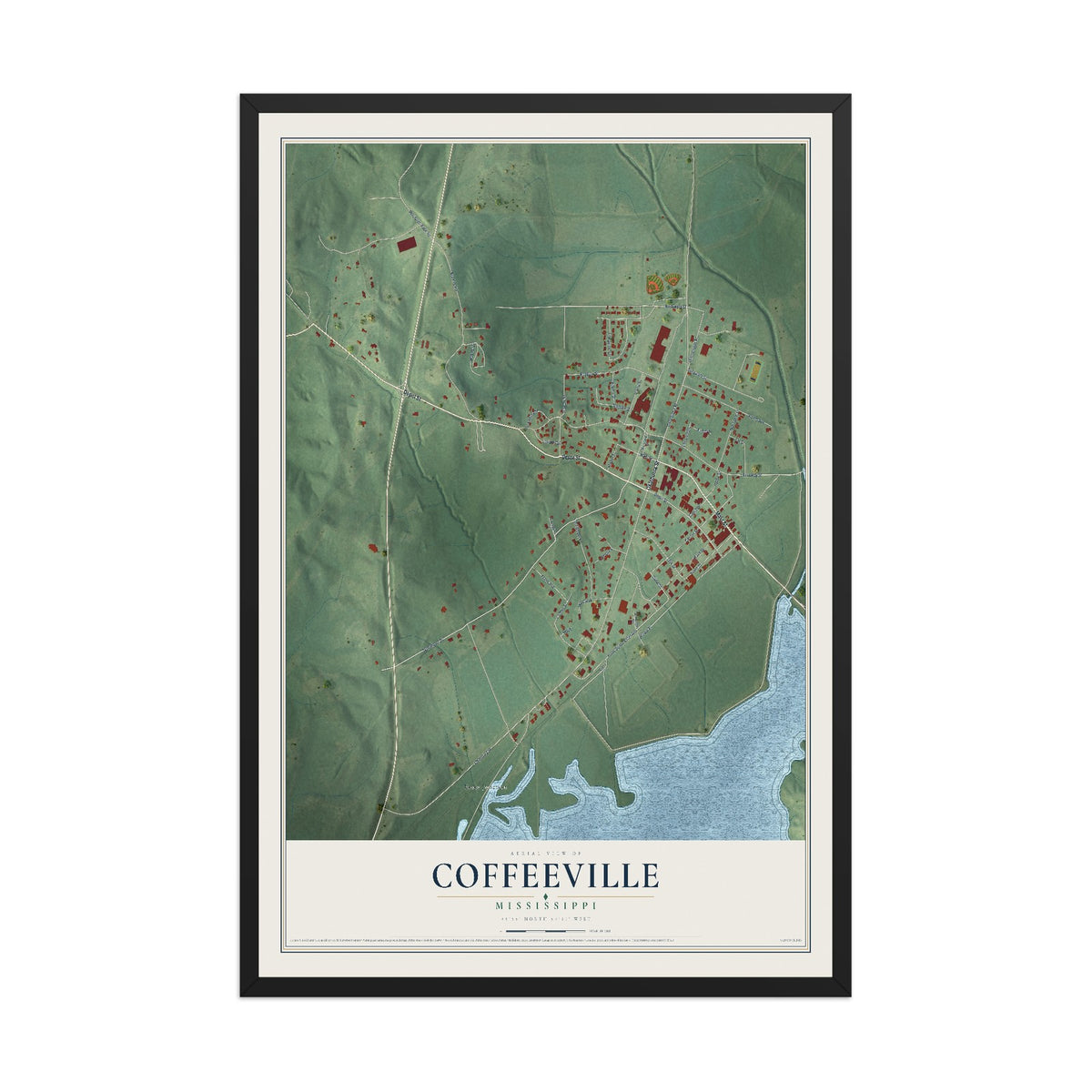 Map of Coffeeville, Mississippi, 12 x 18 inch print in a black wood frame