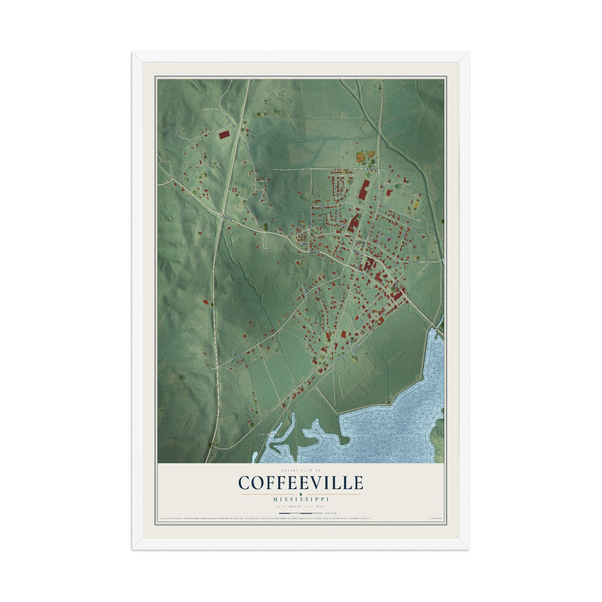 Map of Coffeeville, Mississippi, 12 x 18 inch print in a white wood frame