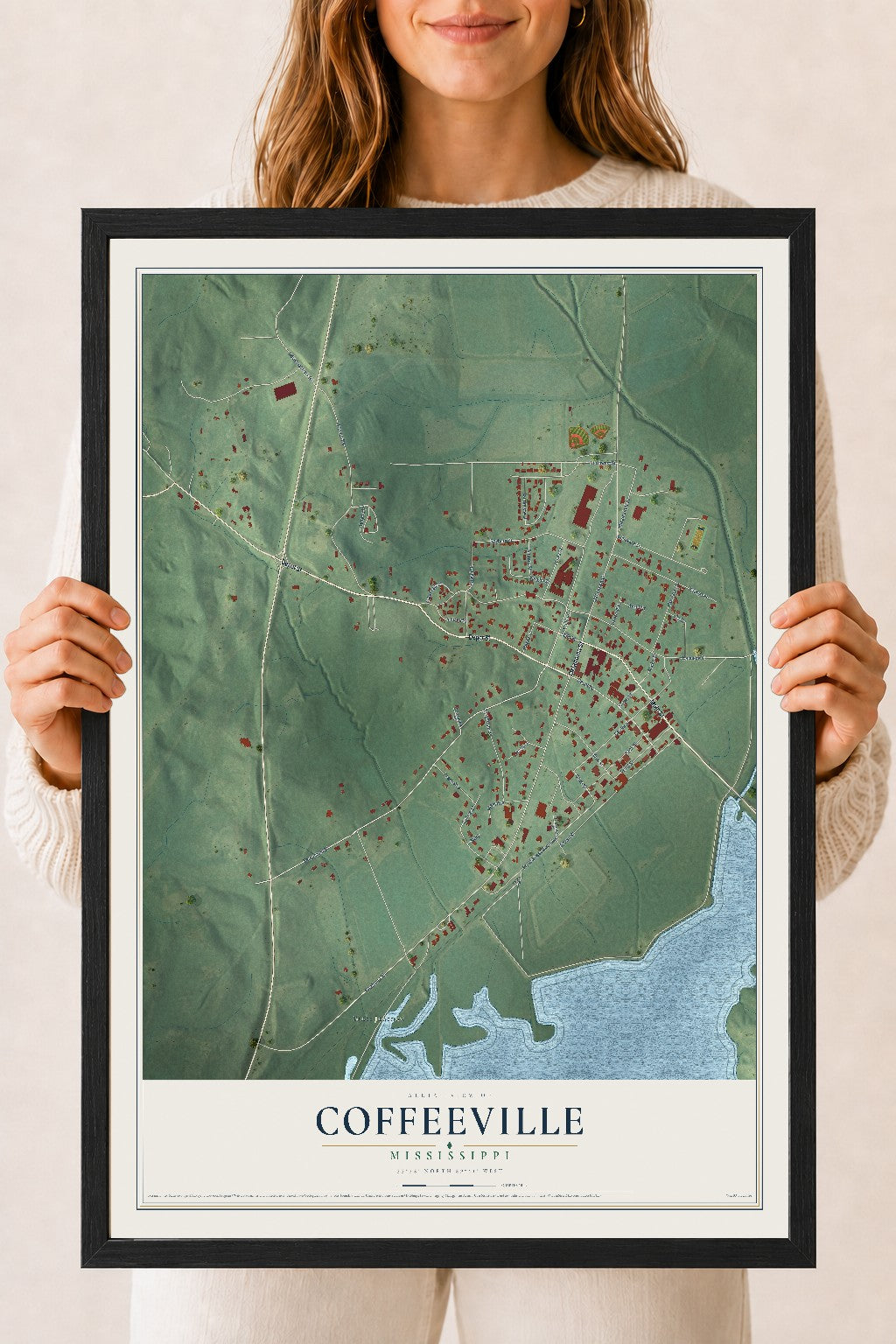 Map of Coffeeville, Mississippi, 18 x 24 inch print in a black wood frame