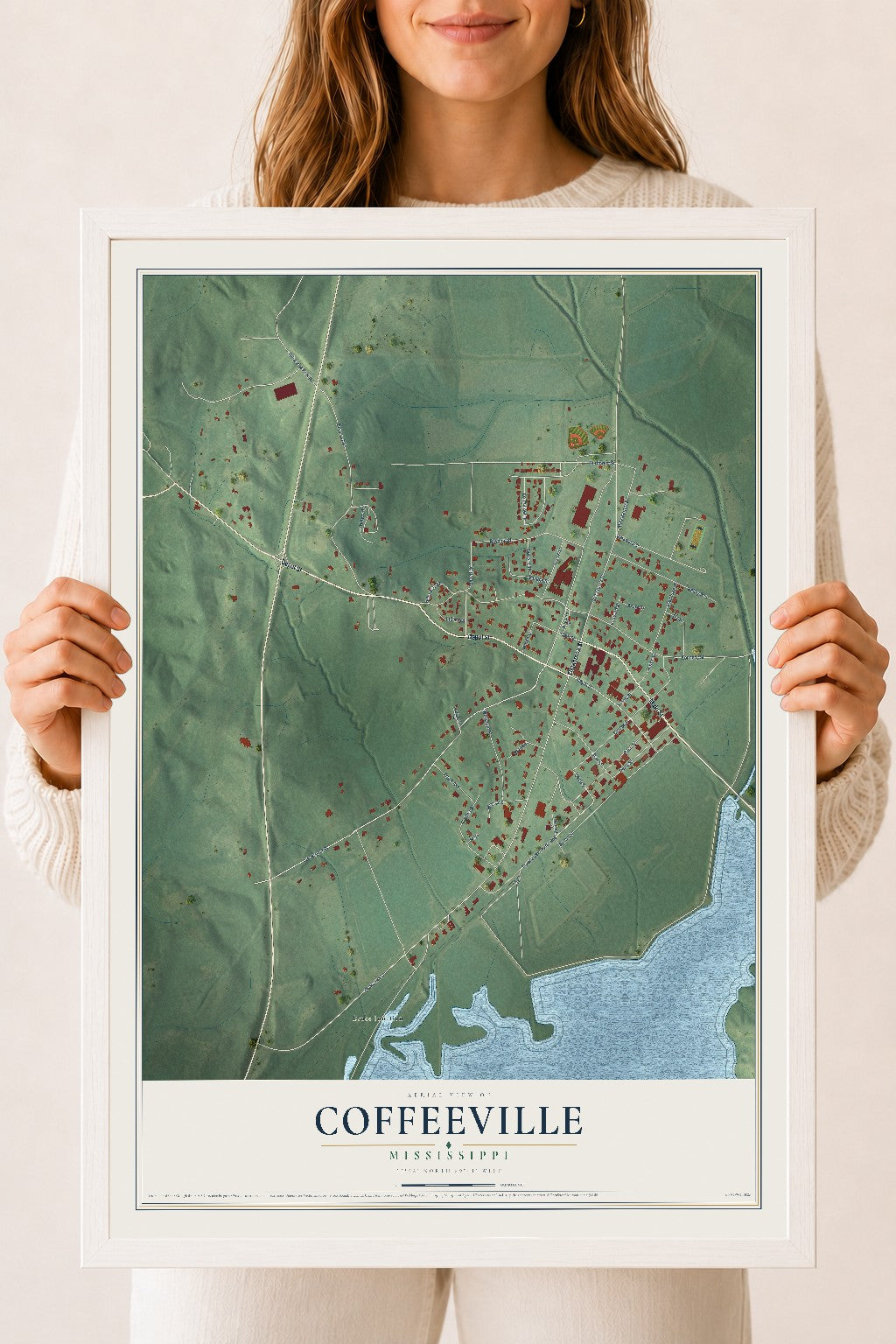 Map of Coffeeville, Mississippi, 18 x 24 inch print in a white wood frame