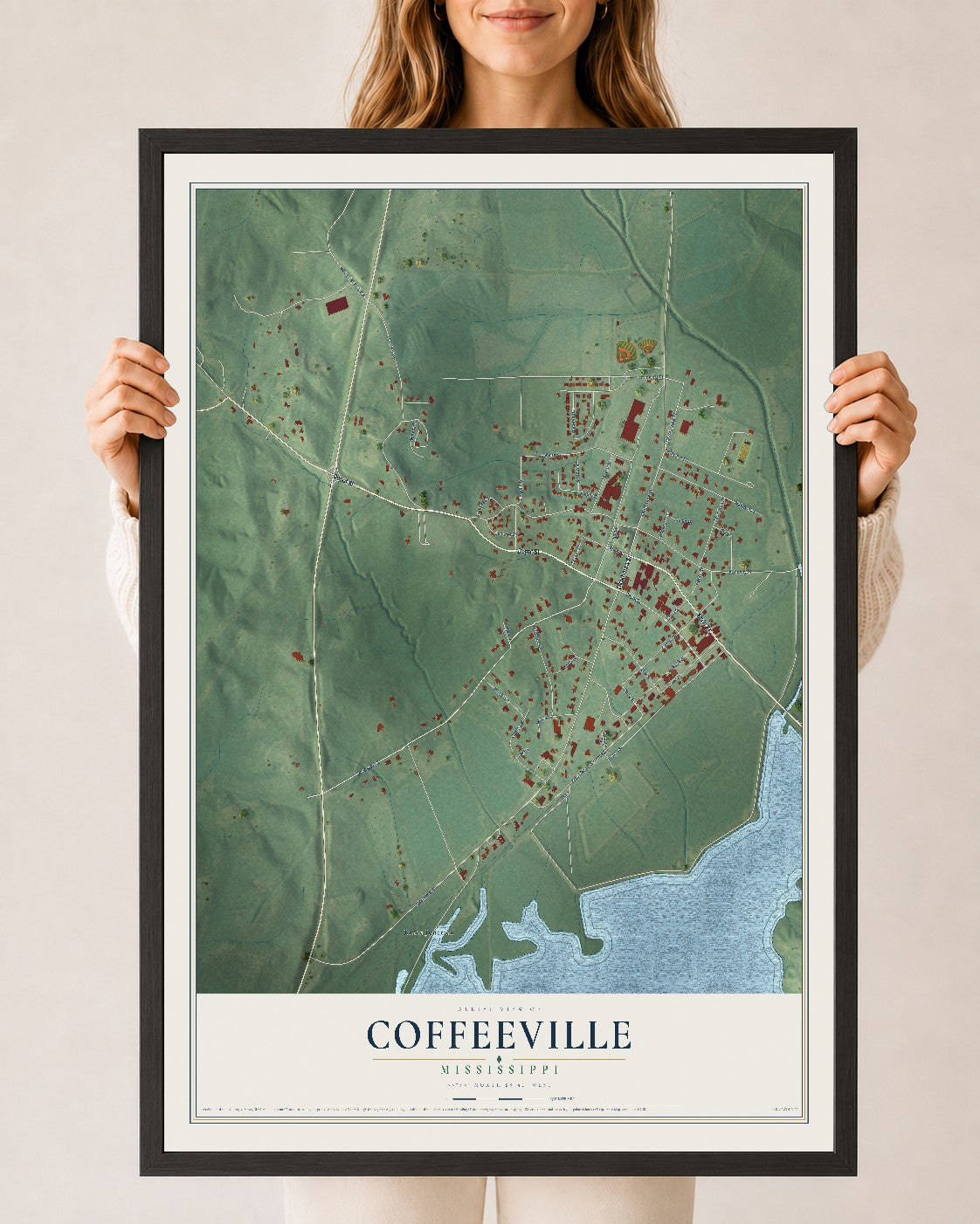 Map of Coffeeville, Mississippi, 24 x 36 inch print in a black wood frame