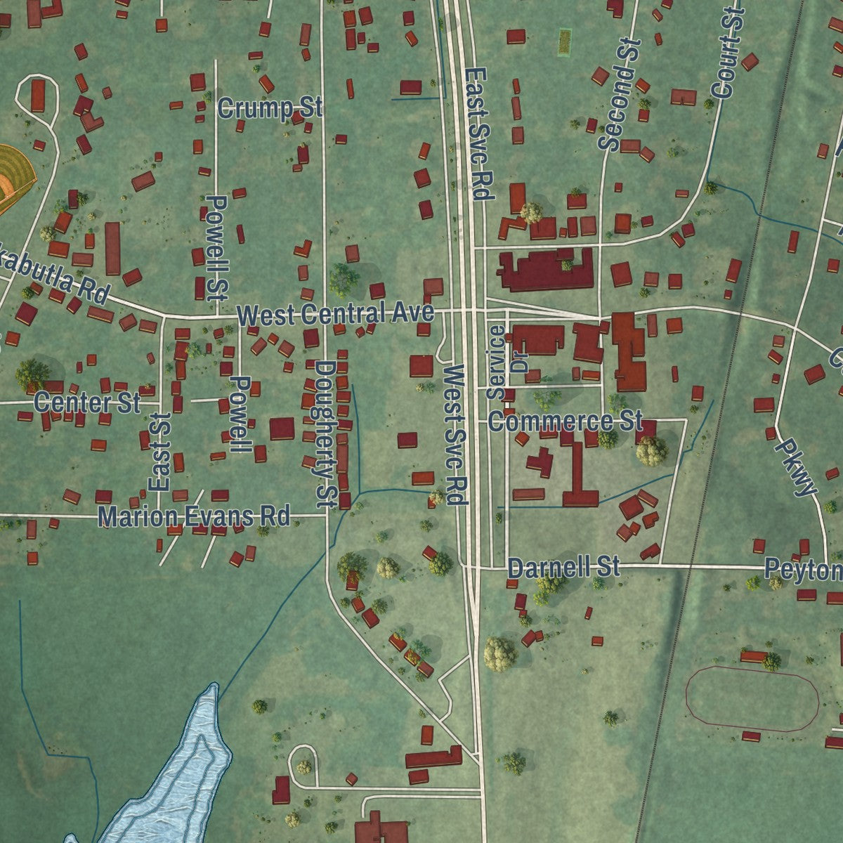 Close-up of the map of Coldwater, Mississippi print showing street and building detail