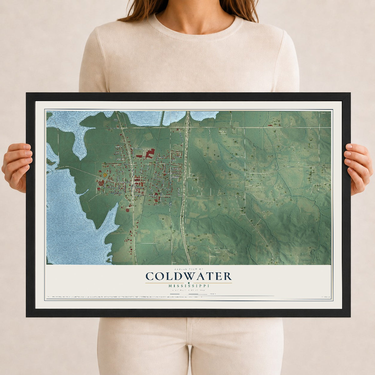 Map of Coldwater, Mississippi, 12 x 18 inch print in a black wood frame