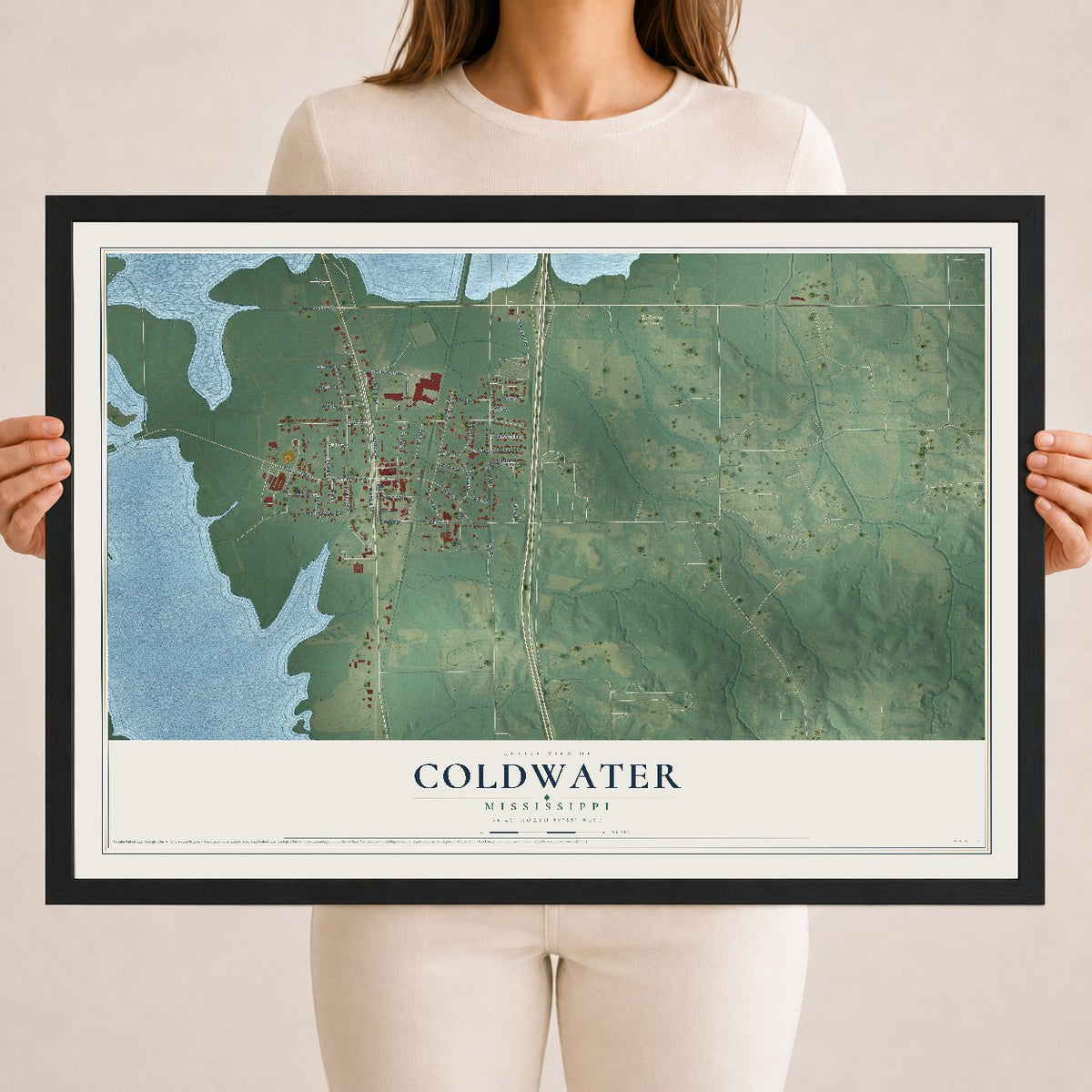 Map of Coldwater, Mississippi, 18 x 24 inch print in a black wood frame