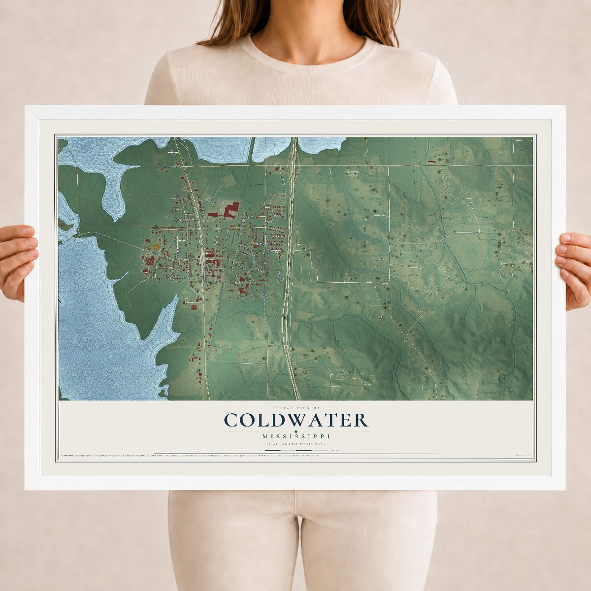 Map of Coldwater, Mississippi, 18 x 24 inch print in a white wood frame