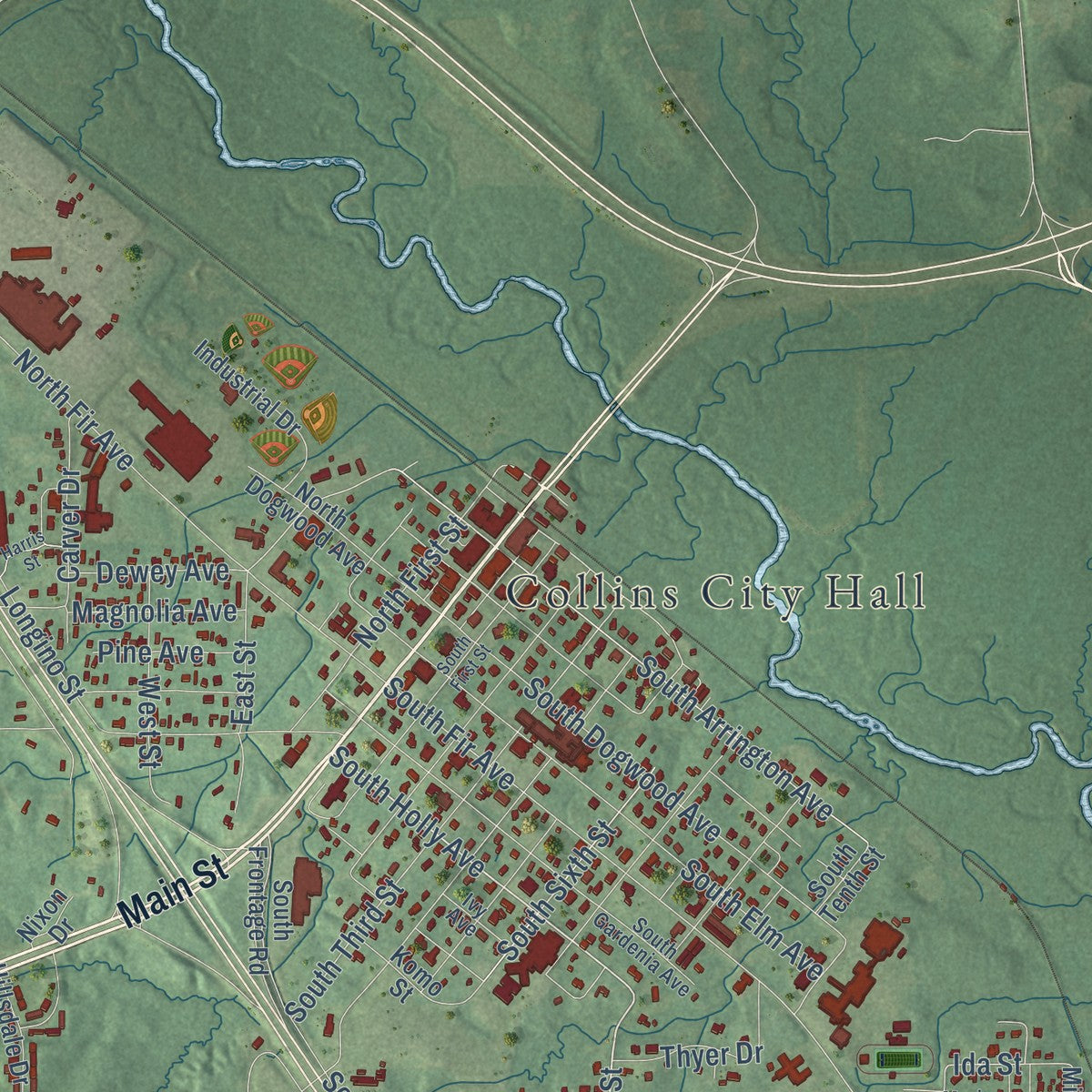 Close-up of the map of Collins, Mississippi print showing street and building detail