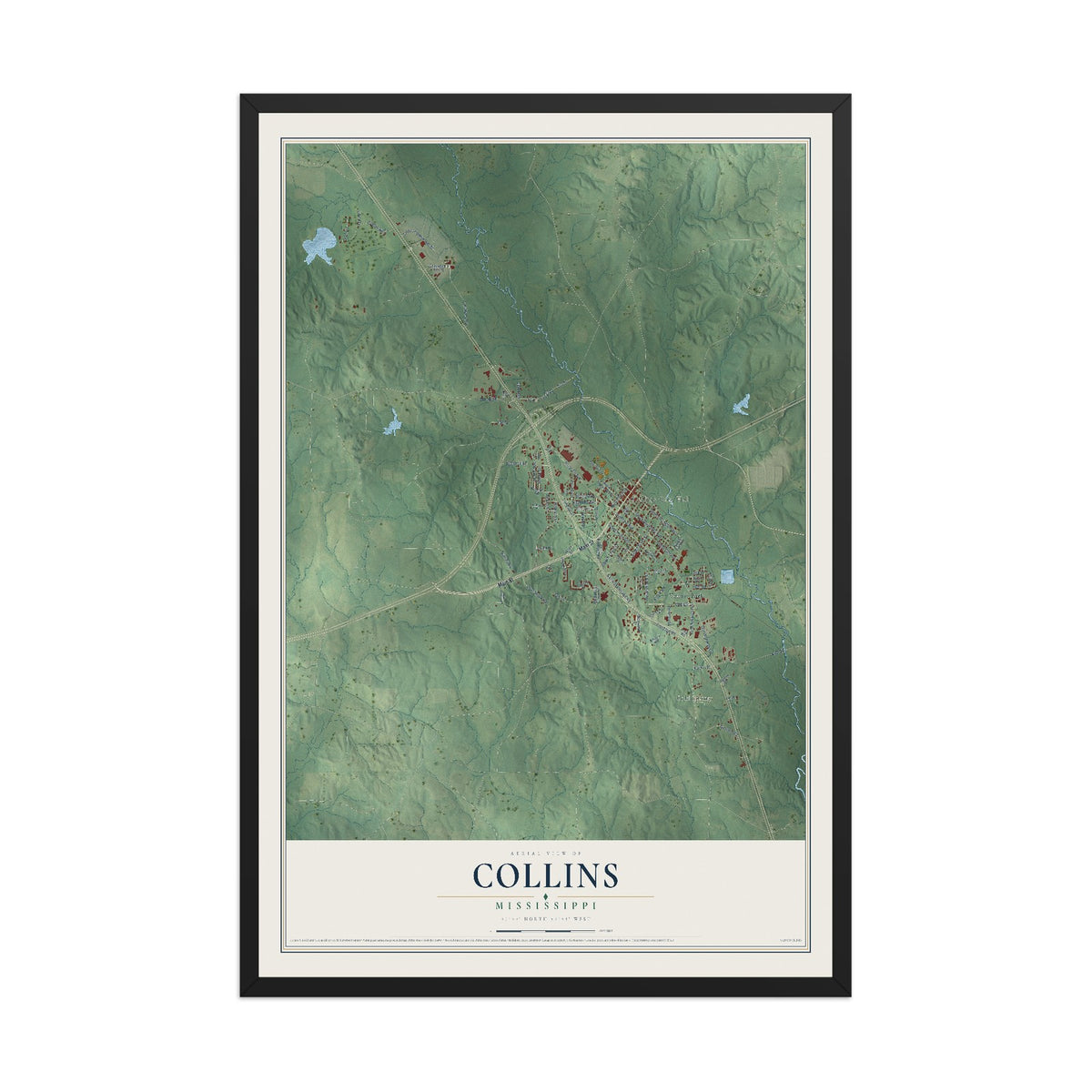Map of Collins, Mississippi, 12 x 18 inch print in a black wood frame
