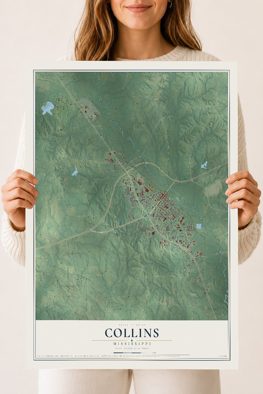 Map of Collins, Mississippi, 18 x 24 inch unframed archival matte print
